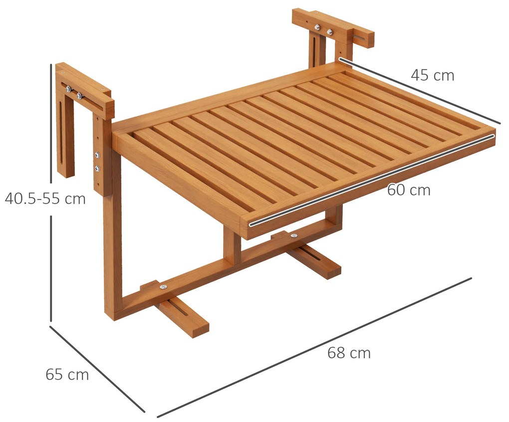 Outsunny Masă Suspendată de Exterior, Masă Reglabilă pentru Balustradă, Blat Suport cu Montare pe Perete, 68x65x40,5-55 cm, Tec | Aosom Romania