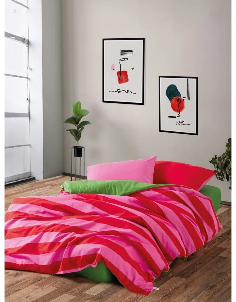 Lenjerie de pat verde-roz din bumbac ranforcé pentru pat dublu, extinsă, cu cearceaf inclus, cu 4 piese 200x220 cm Cherie – Mijolnir