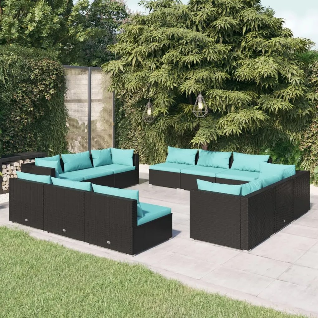 3101585 vidaXL Set mobilier de grădină cu perne, 12 piese, negru, poliratan