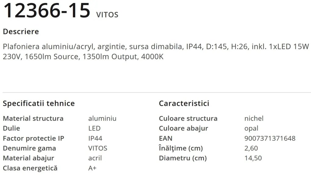 Plafoniera LED dimabila design slim IP44 VITOS 12366-15 GL