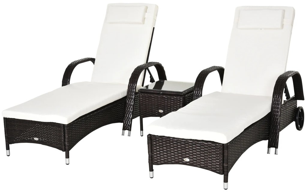 Set mobilier Gradina din Ratan Outsunny, 2 Sezlong Pliabile si Masuta, Maro 200×73×103cm | Aosom.ro | Aosom Romania