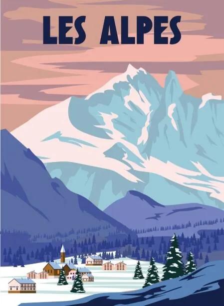 Ilustrație Les Alpes Ski resort poster, retro., VectorUp