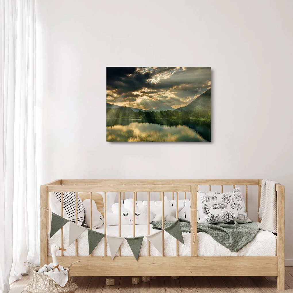 Tablou pe sticlă cu lac și soarele translucid (70x50 cm)