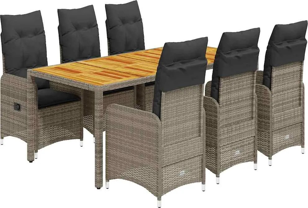 vidaXL Set bistro de grădină cu perne, 7 piese, gri, poliratan