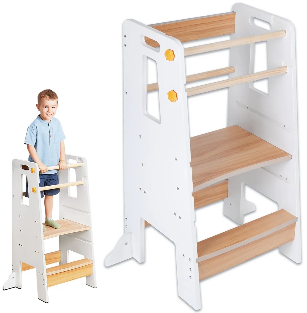 Turn de Invatare tip Learning tower pentru Copii Suporto, Rol de Inaltator cu Treapta de urcare reglabila antiderapanta si Balustrade de Protectie,