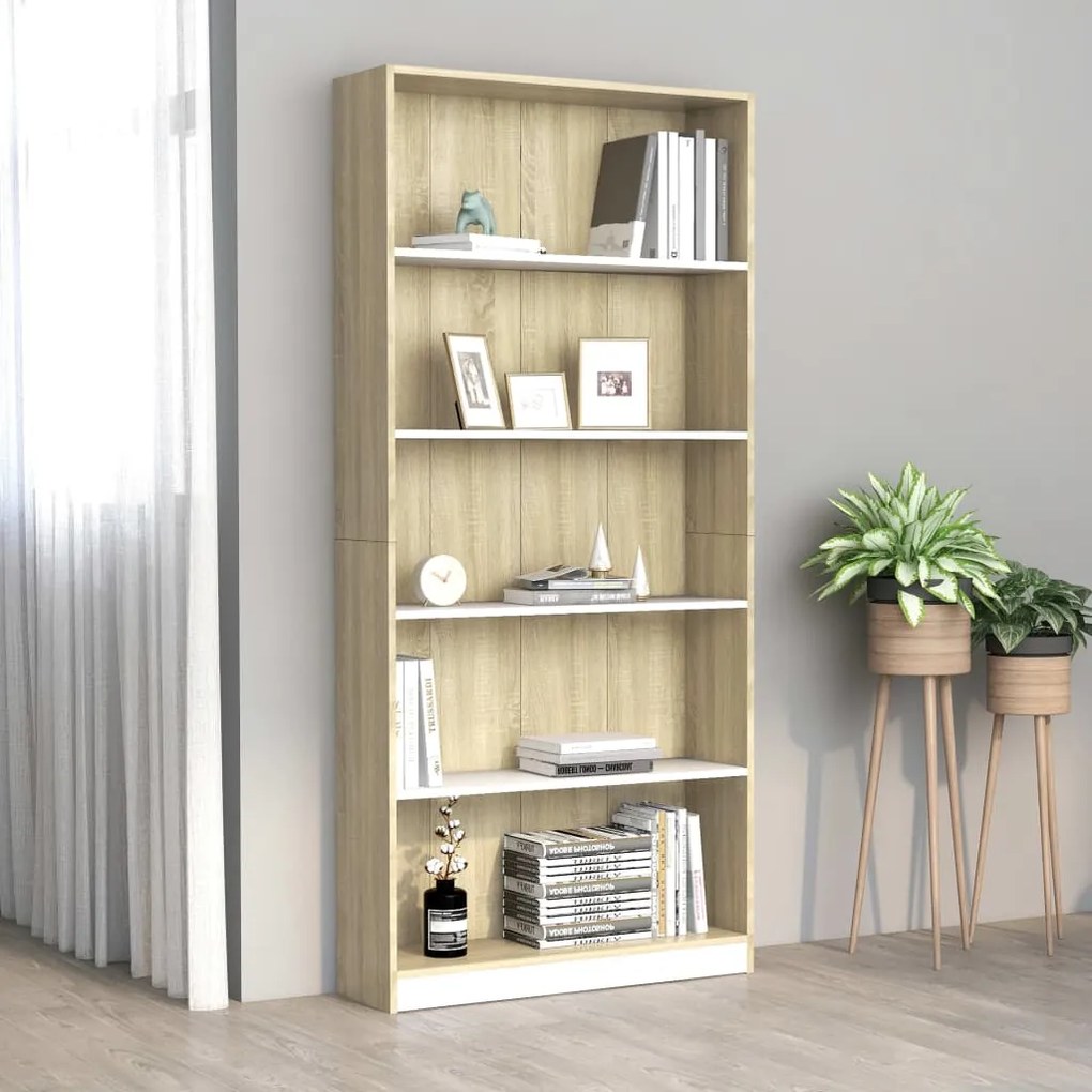800923 vidaXL Bibliotecă 5 rafturi, alb/sonoma, 80x24x175 cm, lemn prelucrat