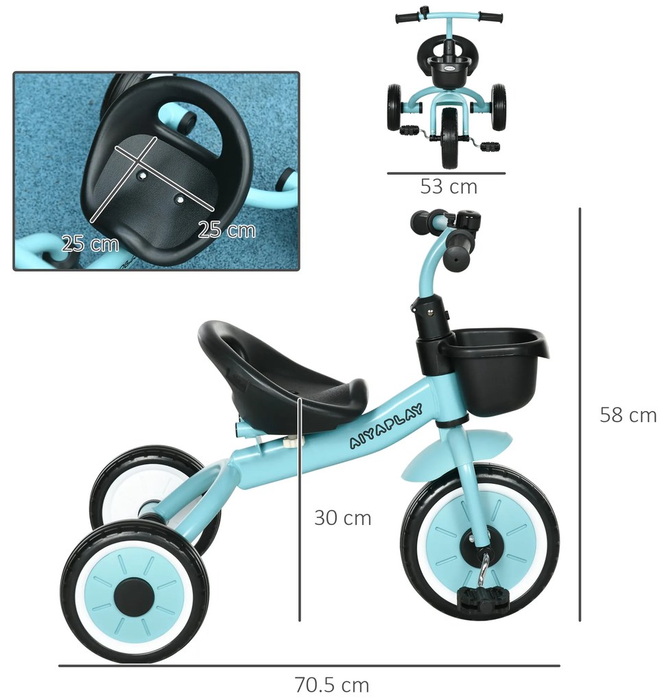 AIYAPLAY Tricicleta pentru Copii 2-5 Ani cu Scaun Reglabil, Bicicleta pentru Copii cu Cosuleț, 70,5x53x58 cm, Albastru | Aosom Romania