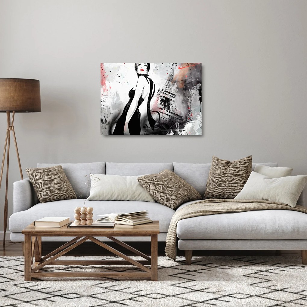 Tablou pe sticlă - Doamna și Turnul Eiffel (70x50 cm)