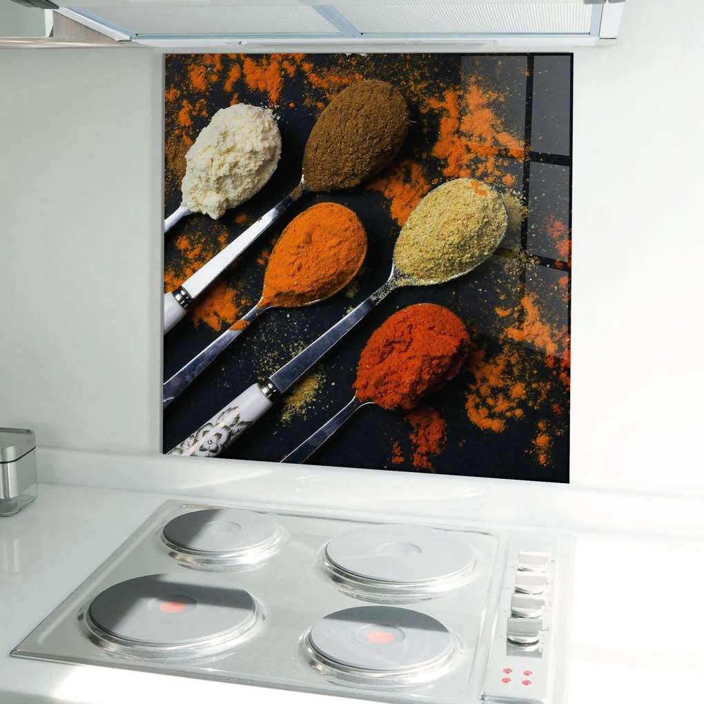 Panou Sticla Bucatarie, 60x60cm, Protectie aragaz, Antistropi, Termorezistent, Alimente, Condimente, Spoons With Spices