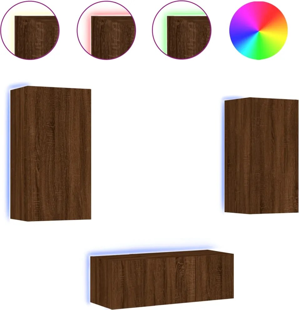vidaXL Unități de perete TV cu LED-uri, 4 piese, stejar maro, lemn