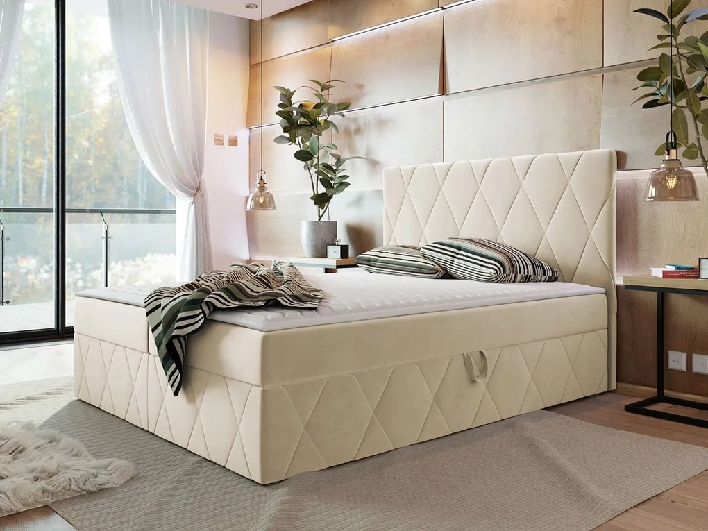 Pat matrimonial 140 cm Tebsano (crem) (cu somieră și saltea) (cu sp. depozitare). Promo -17%. 1104202