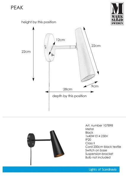 Markslöjd 107898 - Lampă de perete PEAK 1xE14/40W/230V