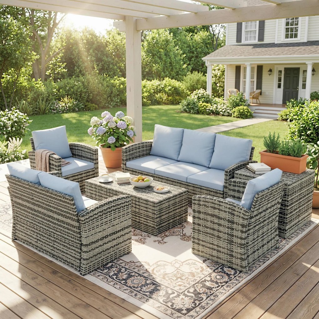 Outsunny Set de mobilier de gradina din ratan de 6 piese, canapea si 2 fotolii tapitate pentru 7 persoane, bej | Aosom Romania