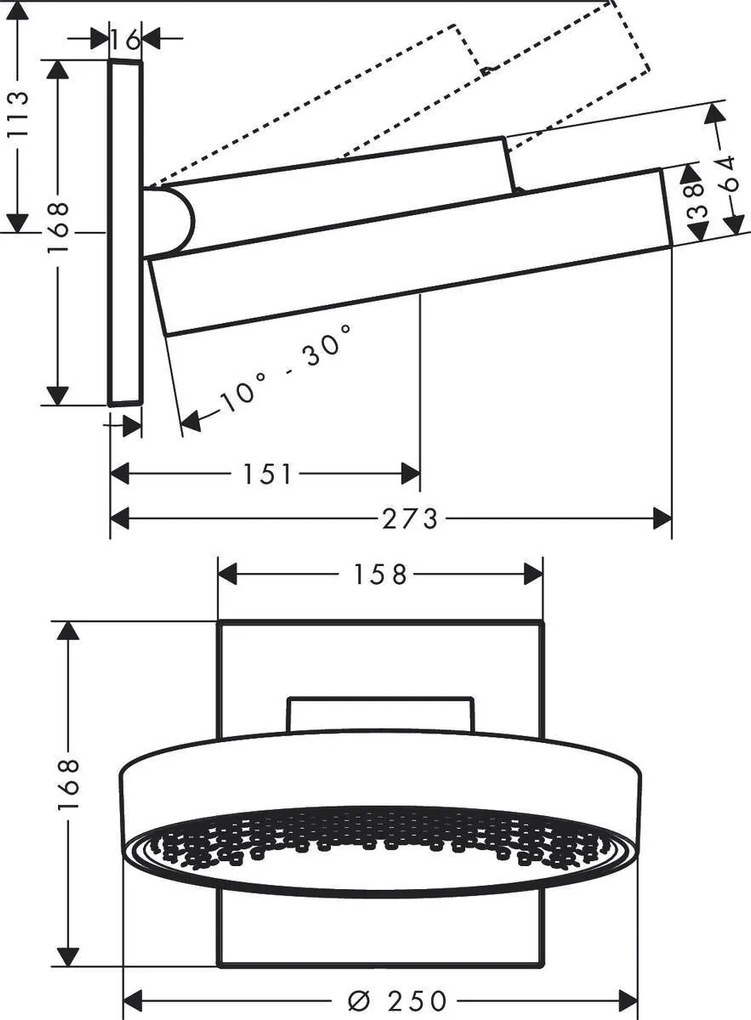 Dus fix Hansgrohe Rainfinity, 250 mm, 1 jet, pivotant, crom - 26226000