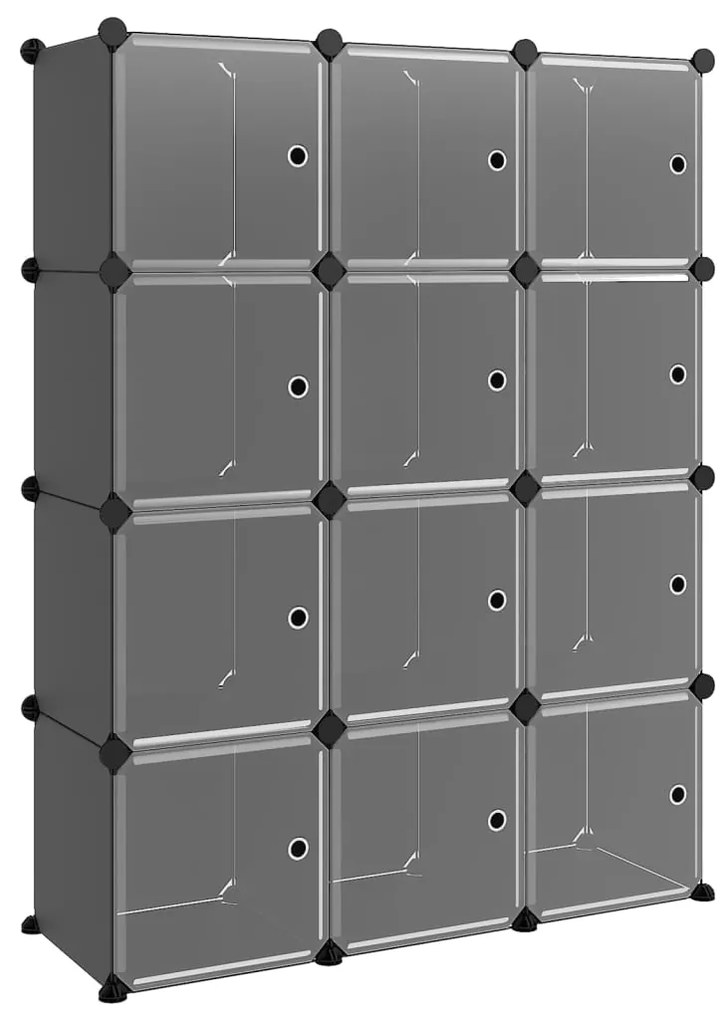 Organizator cub de depozitare cu usi, 12 cuburi, negru, PP 1, 94.5 x 31.5 x 124 cm, negru si transparent, negru si transparent, 94.5 x 31.5 x 124 cm