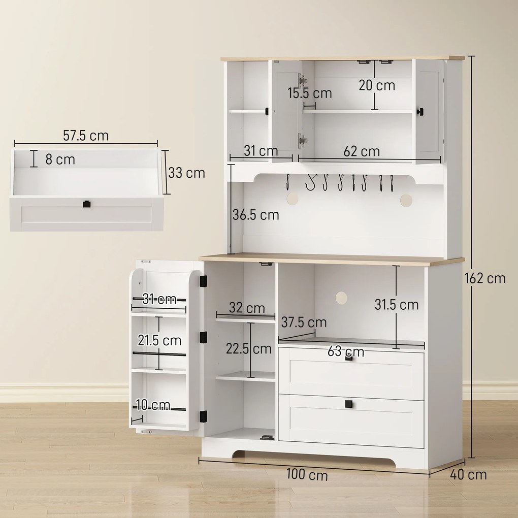 HOMCOM Bufet de Bucătărie Înalt 162 cm, Mobilier de Depozitare cu 2 Dulapuri, 2 Sertare, Suport Condimente, Orificii pentru Cabluri, Rafturi Reglabile, Blat pentru Cuptor cu Microunde, Suporturi pentru Cești, Alb | Aosom Romania