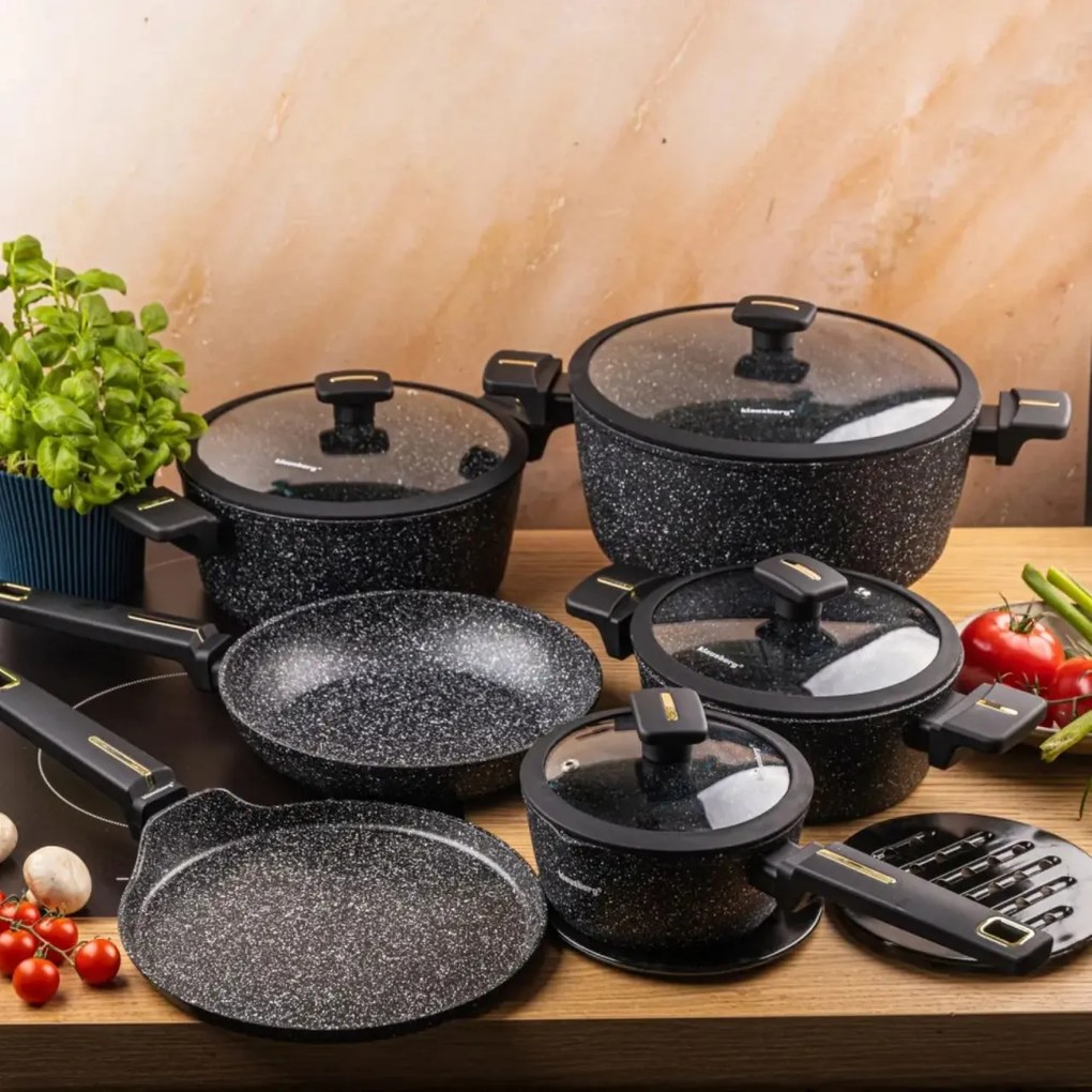Set oale marmorate cu tigaie clatite si capace 12 piese Klausberg KB-7966, negre