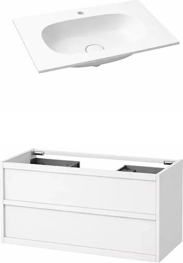 Set dulap baza suspendat KolpaSan Storia 2 sertare 100 cm finisaj alb cu lavoar compozit Kerrock alb