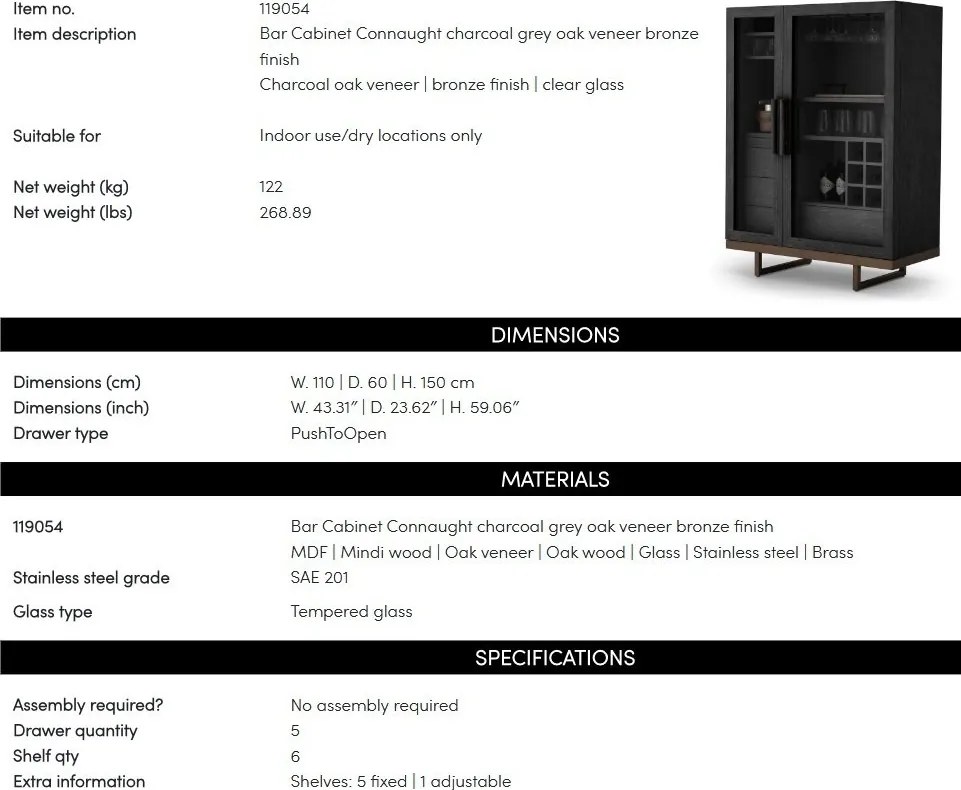 Bufet, Bar design LUX, Furnir de stejar gri carbune, Connaught