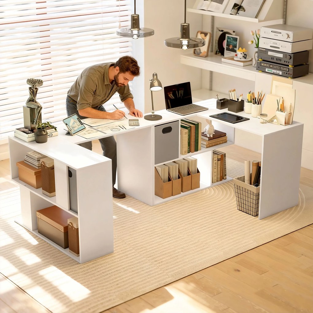 HOMCOM Birou Colțar pentru Computer, 110x100 cm, Birou în Formă de L cu Raft și Sertar din Material Textil, Masă pentru PC pentru Dormitor, Birou și Studio, Alb | Aosom Romania