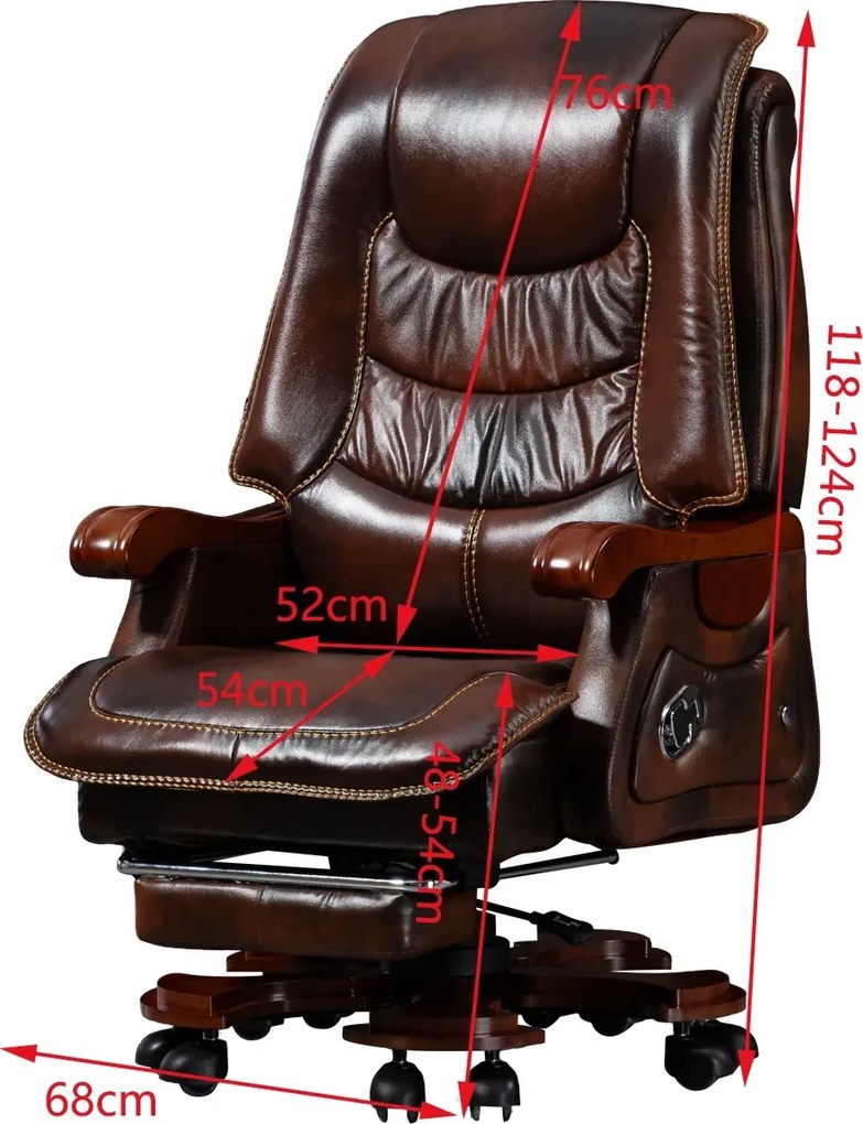 RESIGILAT- Scaun directorial din piele naturala si lemn masiv, Masaj in 9 puncte si Incalzire, rezistent 150 kg, Maro