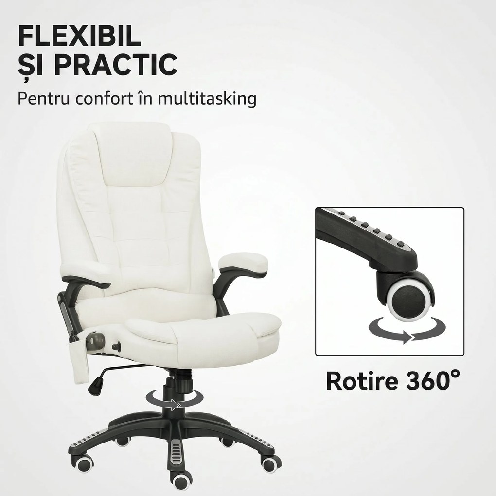 Vinsetto Scaun de Birou Reclinabil cu Masaj, Înălțime Reglabilă, Telecomandă, Textil cu Aspect de In, Crem | Aosom Romania