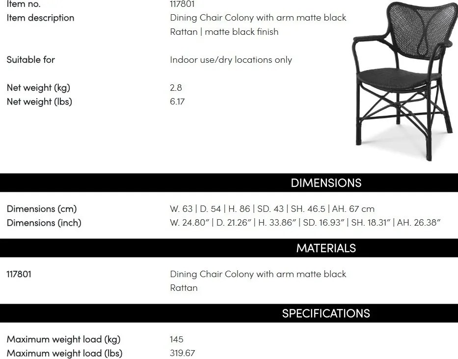 Scaun cu brate din ratan design LUX, Colony negru