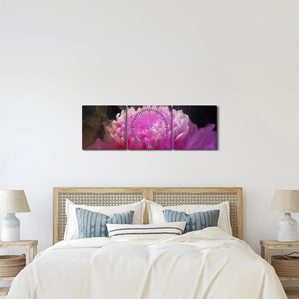 Tablou cu floare în fum roz (cu ceas) (90x30 cm)