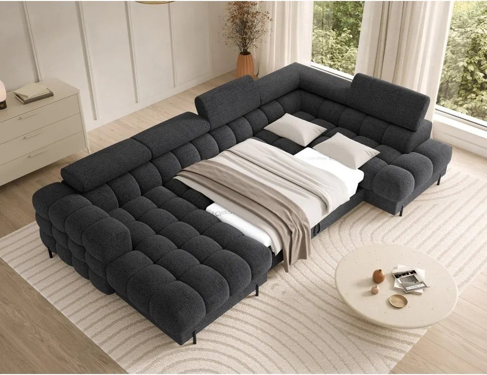 Colțar gri închis extensibil cu tapițerie din țesătură bouclé (cu colț pe partea dreaptă/în formă de "U") Feraria – ELTAP