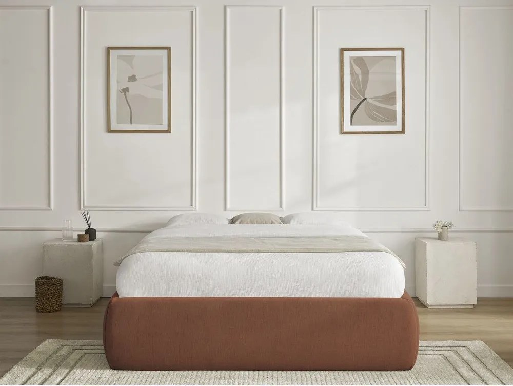 Pat matrimonial portocaliu tapițat cu spațiu de depozitare/fără tăblie cu somieră 180x200 cm Inera – Bobochic Paris
