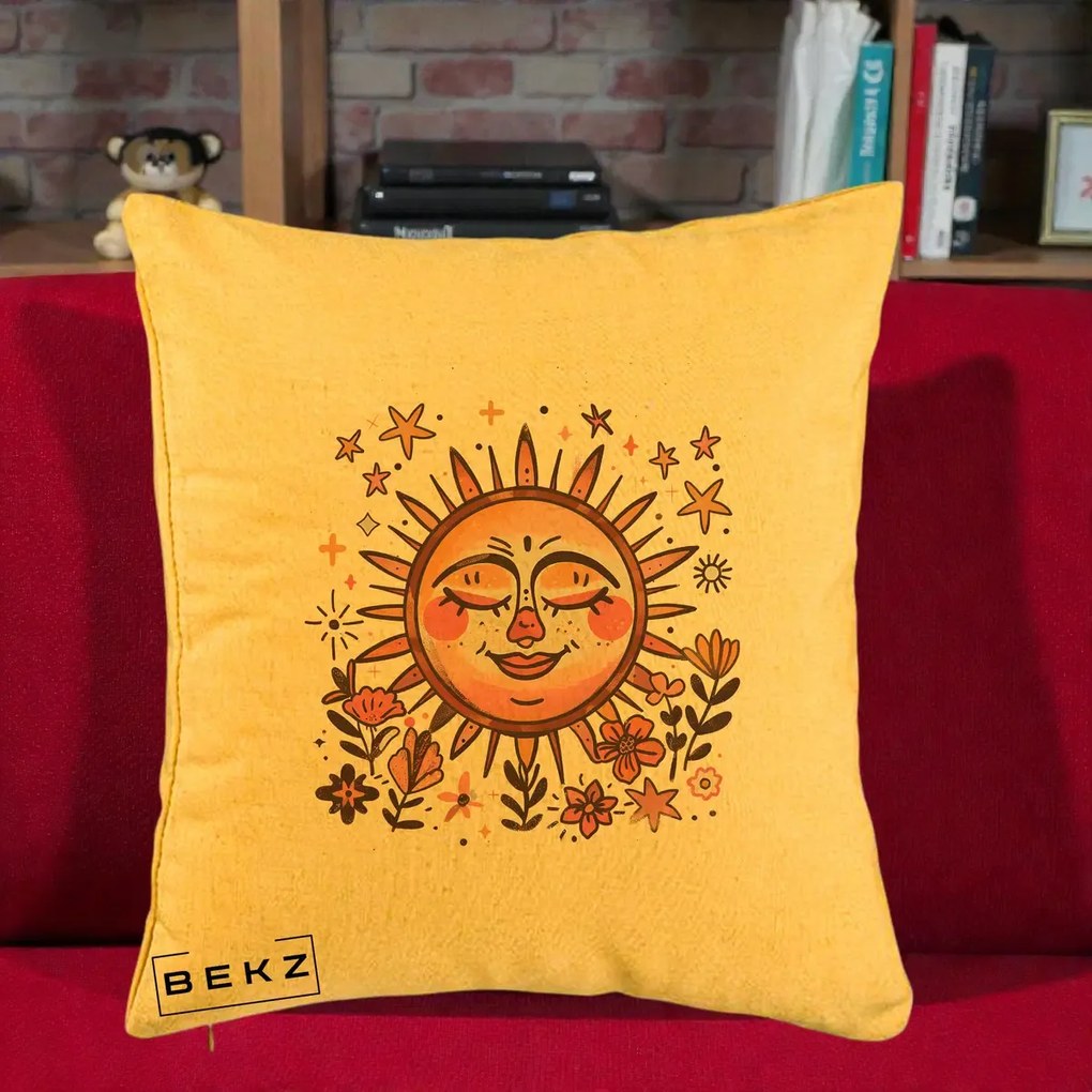 Perna Decorativa Soare Retro Boho Floral, 40x40 cm, Galben, Husa Detasabila, Perna Inclusa, BEKZ®