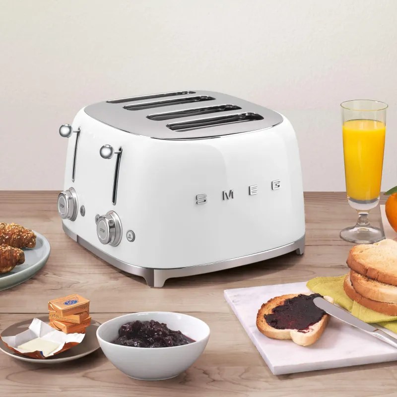 Prajitor de paine SMEG 50's Style TSF03WHEU, 2000 W, 4 felii, 6 niveluri, Tava firimituri, Cablu integrat, Otel inoxidabil, Alb