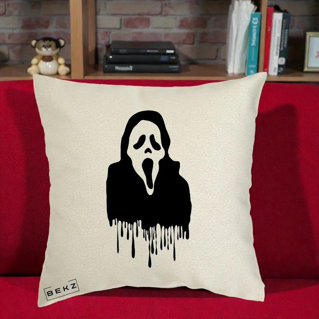 Perna Personalizata Halloween Ghostface Scream Picurand, 40x40 cm, Ecru, Husa Detasabila, Perna Inclusa, BEKZ®