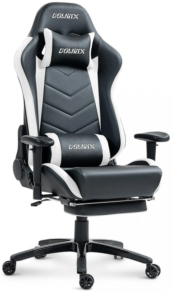 DOWINX Scaun gaming, ergonomic, suport lombar cu masaj, spătar rabatabil 90-180°, cotiere reglabile, suport pentru picioare, rezistent 150 kg, piele PU, Negru/Alb