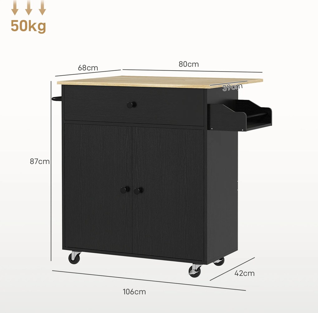 HOMCOM Insulă de Bucătărie cu Ala Rabatabilă 2 Uși Sertar Suport pentru Condimente Bară de Agățat Șervețel și Raft Reglabil 106x42x87 cm Negru și Stejar | Aosom Romania