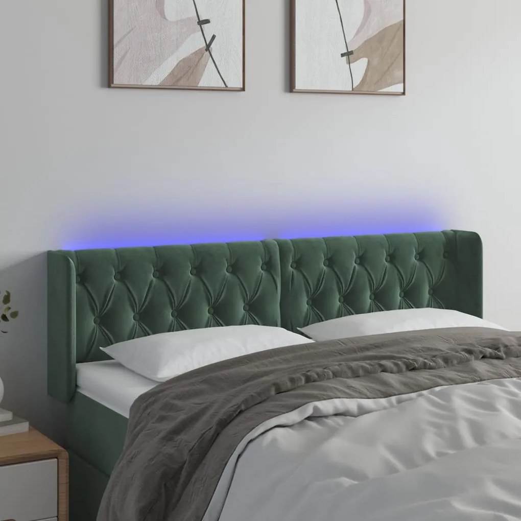 vidaXL Tăblie de pat cu LED, verde închis, 163x16x78/88 cm, catifea