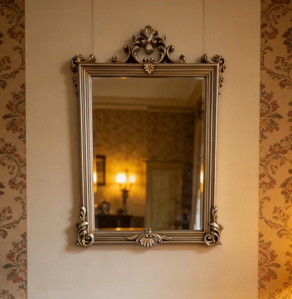 Oglindă decorativă de perete, ramă aurie antichizată, 60x90 cm