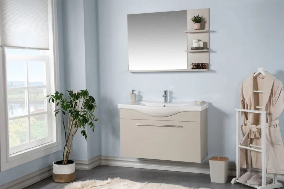 Set Mobilier Baie Arches, Include Baza Lavoar, Lavoar și Oglinda, 100 cm, Latte