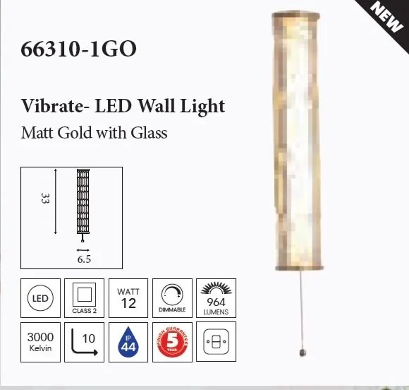 Aplica LED de perete baie metal aurie Vibrate 33cm