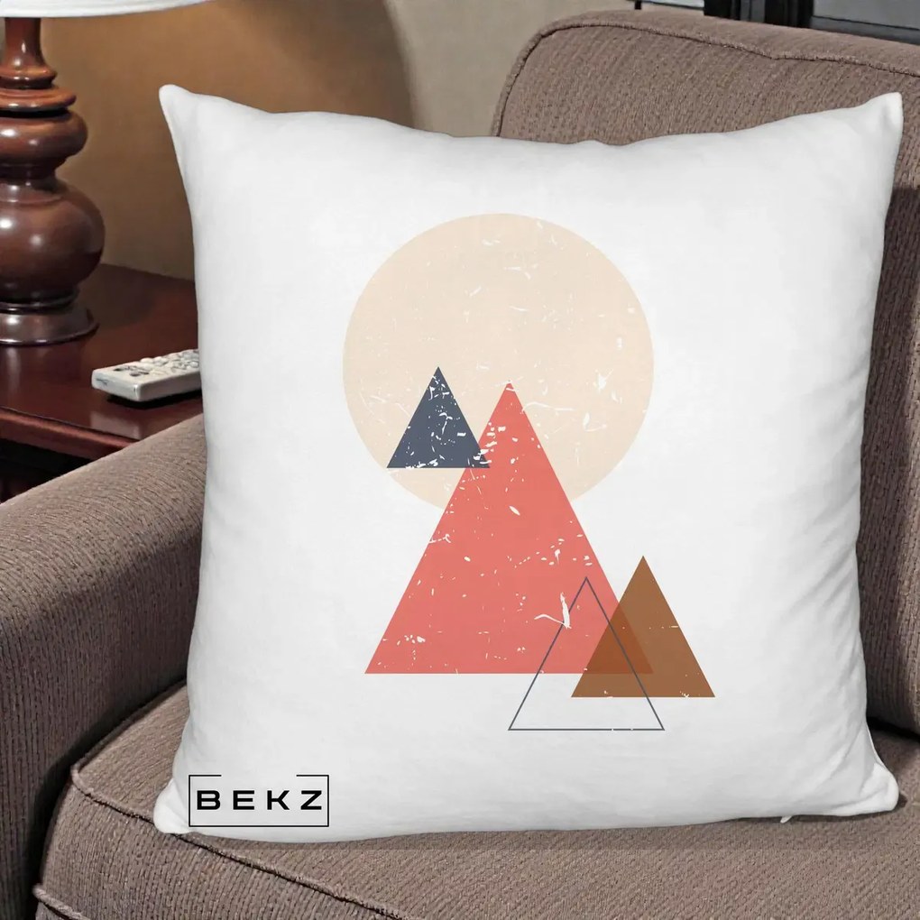 Perna Decorativa Geometric Munti si Soare, 40x40 cm, Alb Pufos, Husa Detasabila, Perna Inclusa, BEKZ®