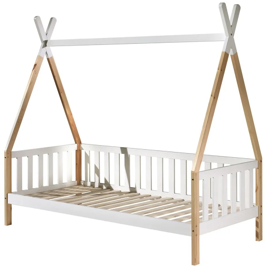 Set TIPI este format din Pat copii înalt cu gard (90 x 200 cm) și un sertar în culoare culoare lemn natural.