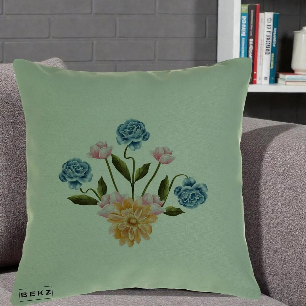 Perna Decorativa Buchet Primavara Acuarela, 40x40 cm, Verde, Husa Detasabila, Perna Inclusa, BEKZ®