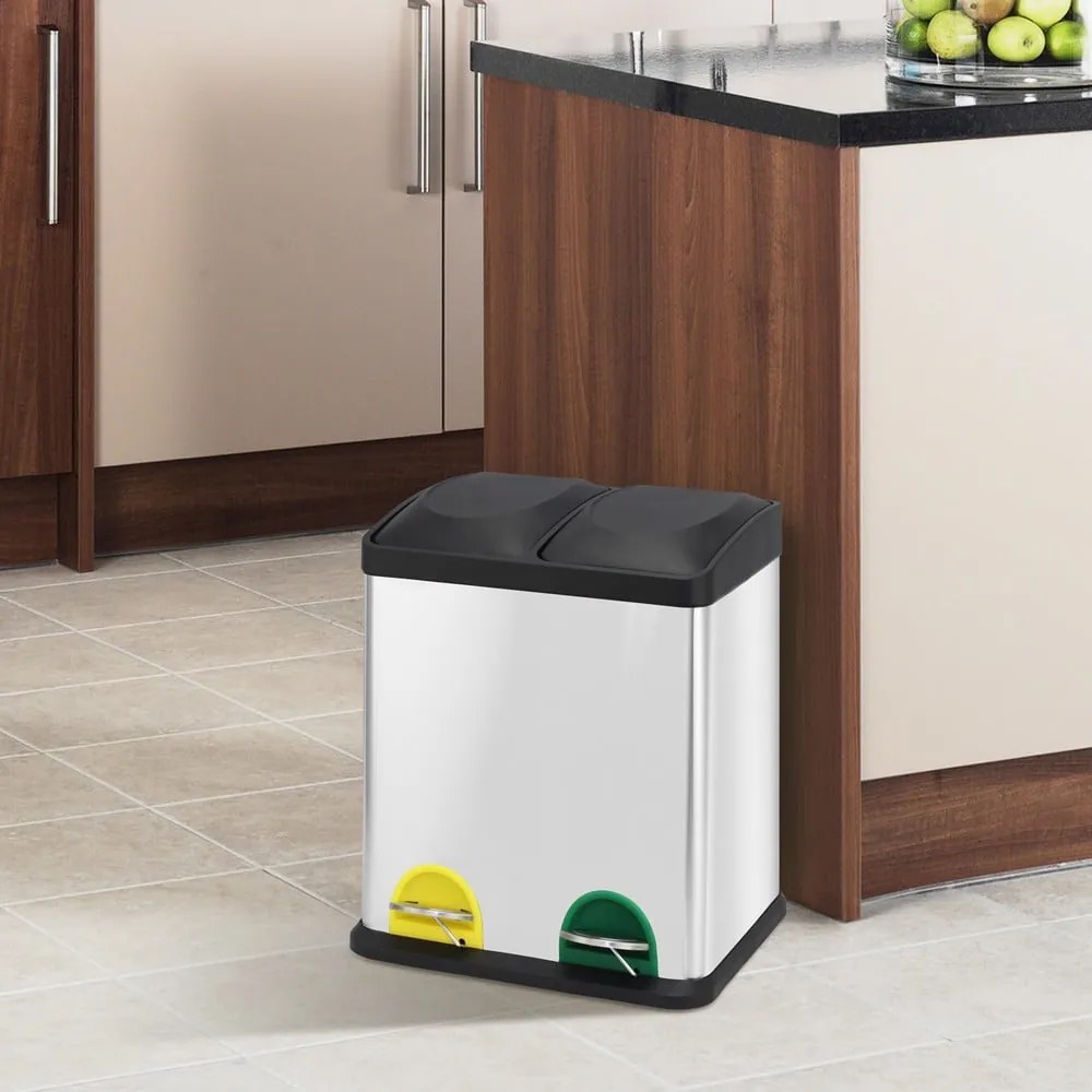 Coș de gunoi argintiu mat pentru reciclare/cu pedală 2x20 l din oțel Tri Selectif – MSV