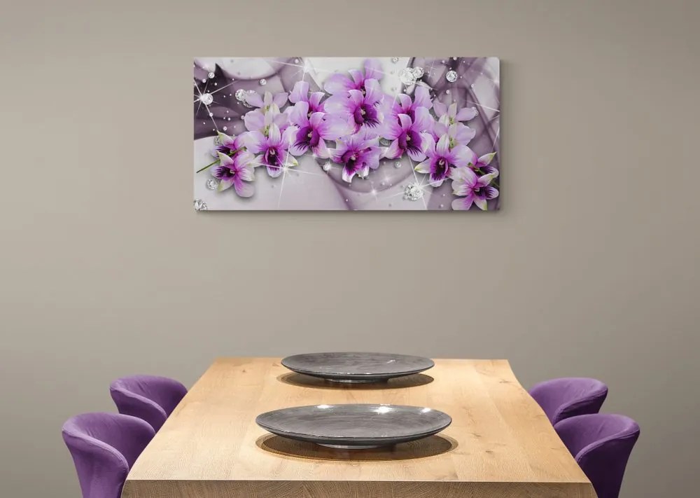 Tablou flori violete pe fundal abstract