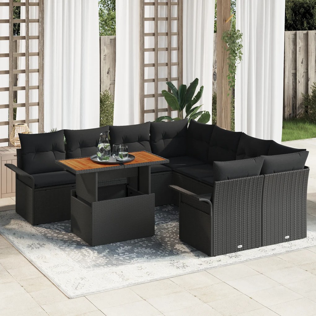 vidaXL Set de canapea pentru grădină, 9 piese, cu perne, negru, din rattan poliester și acacia