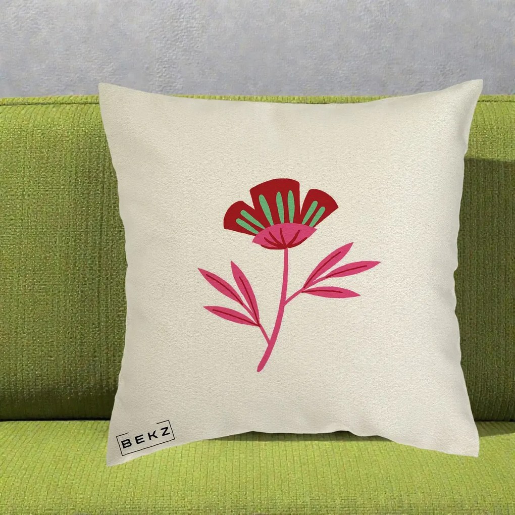 Perna Decorativa Floare Macul Roz-Rosu Grafic, 40x40 cm, Ecru, Husa Detasabila, Perna Inclusa, BEKZ®
