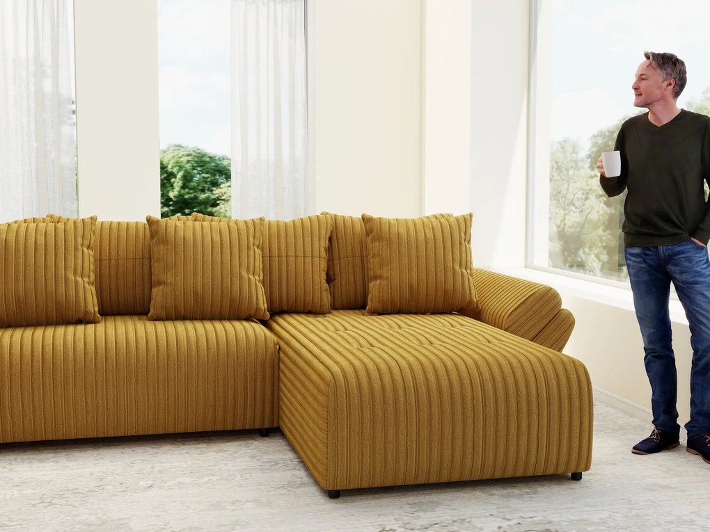 Colțar extensibil dumonde cu ladă de depozitare si sezut confortabil din spuma high-density, Berlin U Ambiance Mustar 380x180 cm