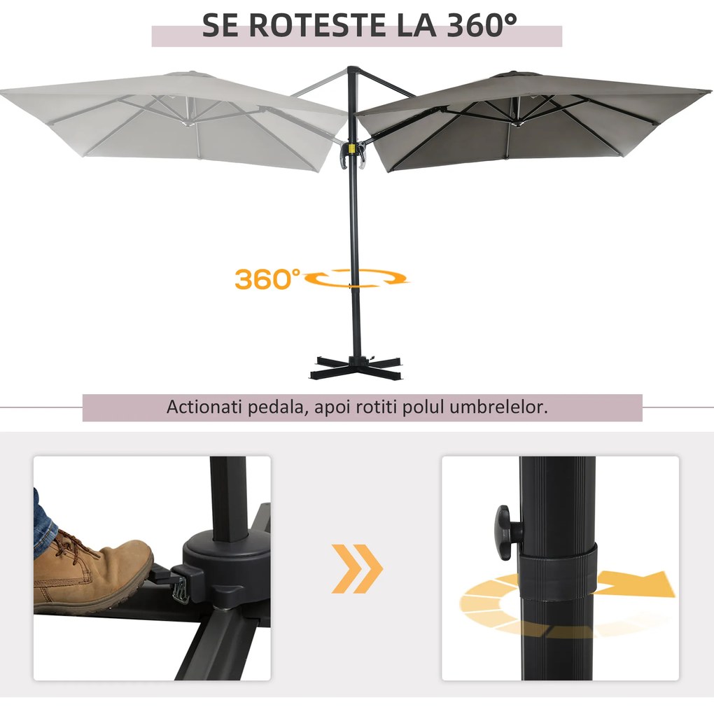 Outsunny Umbrelă de Grădină cu Manivelă, Rotire la 360° și Copertină Reglabilă pe 5 Niveluri, 2.5x2.5 m, Gri Deschis | Aosom Romania
