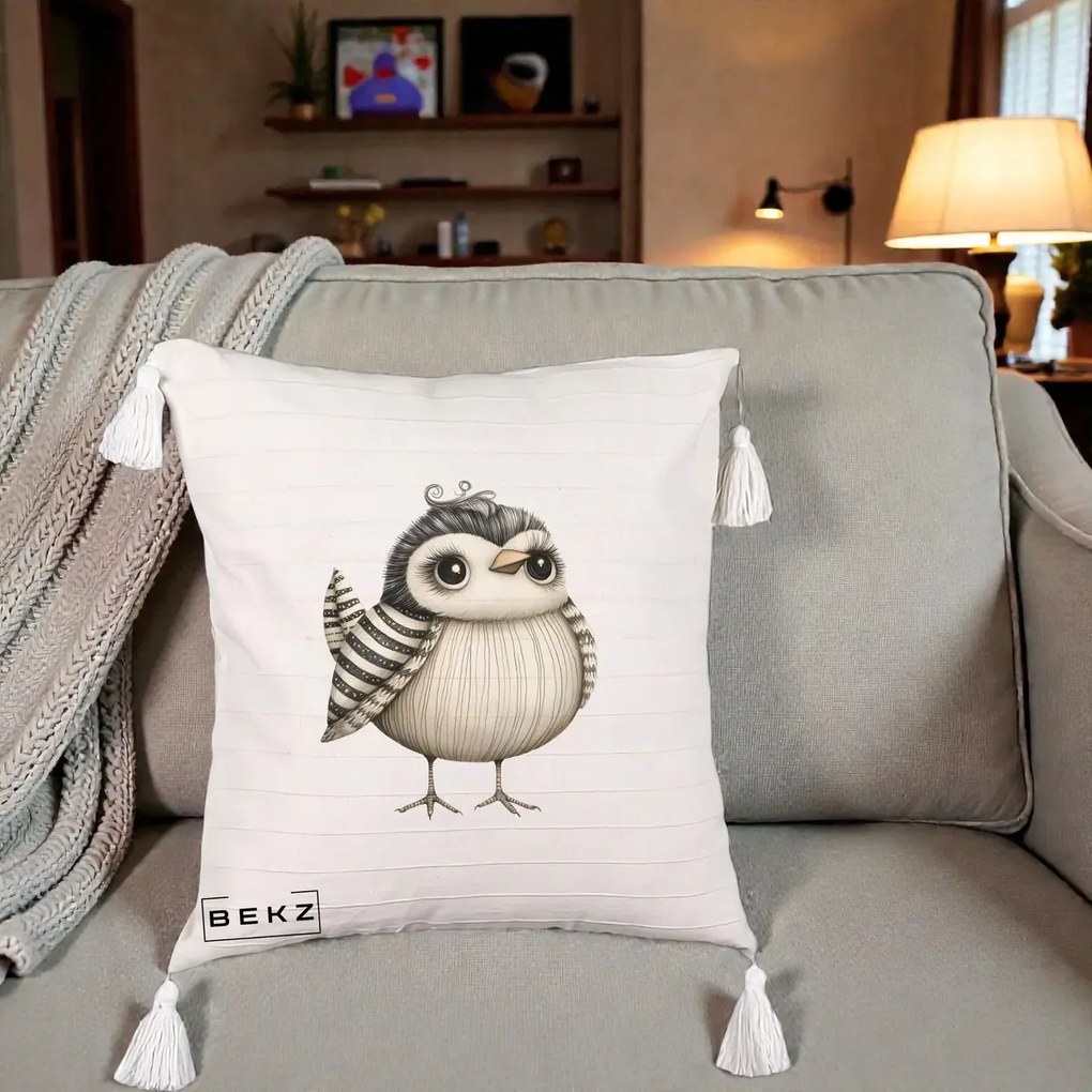 Perna Decorativa Pui Elegant Alb-Negru, 40x40 cm, Bej cu Franjuri, Husa Detasabila, Perna Inclusa, BEKZ®