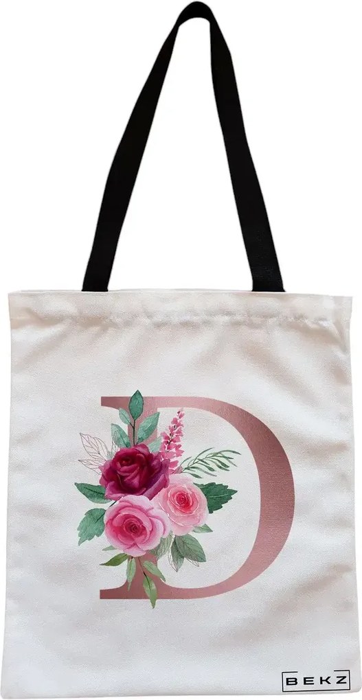 Sacosa de Panza pentru Cumparaturi, Geanta Tote, Cu litera D Rose Gold si Trandafiri, Cu fermoar, 38x34.5 cm, Alba, BEKZ®